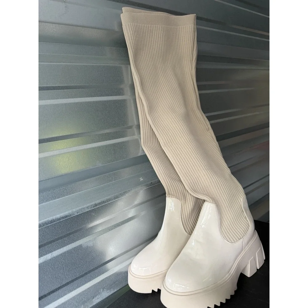 Fashion To Figure Knee High  Oatmilk Sock Boots Chunky Sz 9W Platform B-1